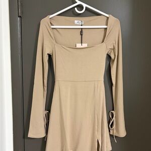 Oh Polly Taupe Square Neck Long Sleeve Mini Dress